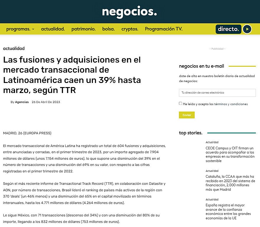 Las fusiones y adquisiciones en el mercado transaccional de Latinoamrica caen un 39% hasta marzo, segn TTR